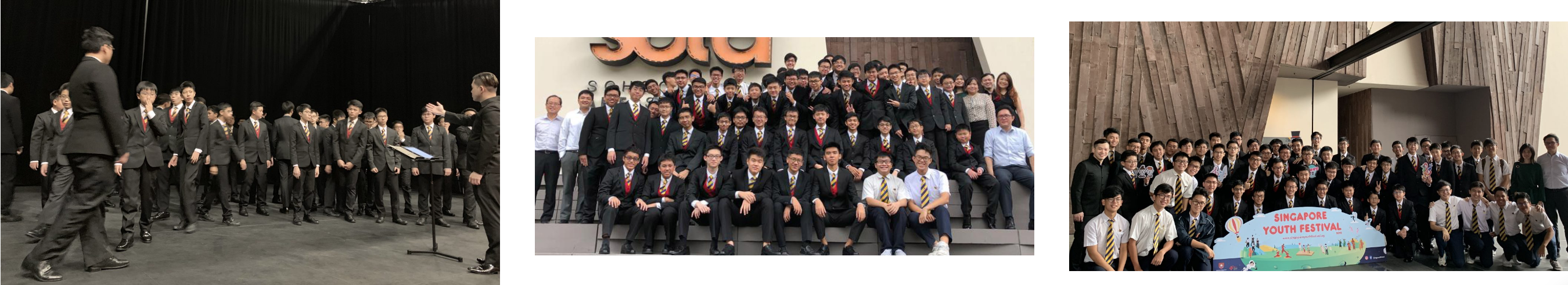 Three photos of a student choir group performing, posing at SOTA, and at the Singapore Youth Festival.